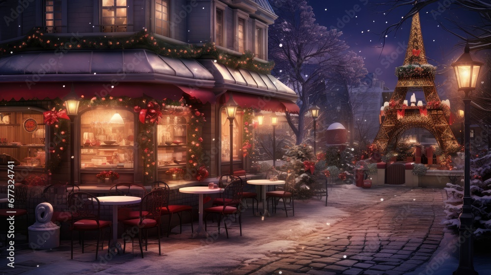 a painting of a christmas scene with a restaurant in the foreground and the eiffel tower in the background. a painting of a christmas scene with a restaurant in the foreground and the eiffel tower in the background.