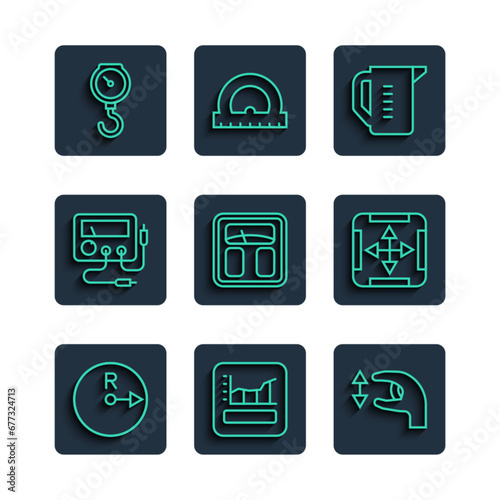 Set line Radius, Graph, schedule, chart, diagram, Approximate measurements, Measuring cup, Bathroom scales, Multimeter, voltmeter, Hand spring mechanical and Area icon. Vector