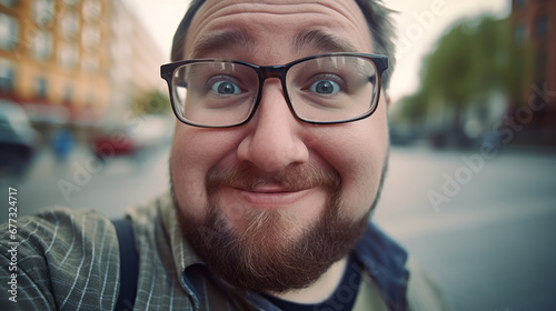 an ordinary slightly plump man making selfie outdoors. Portrait of a middle-aged happy guy on the street photo