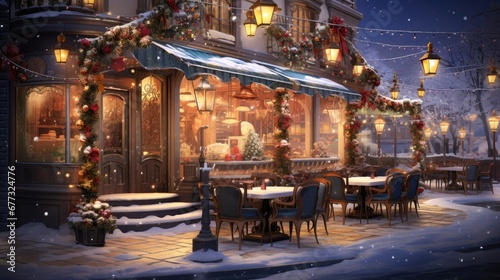  a restaurant decorated for christmas with lights and decorations on the outside of the building and outside of the restaurant covered in snow. © Anna