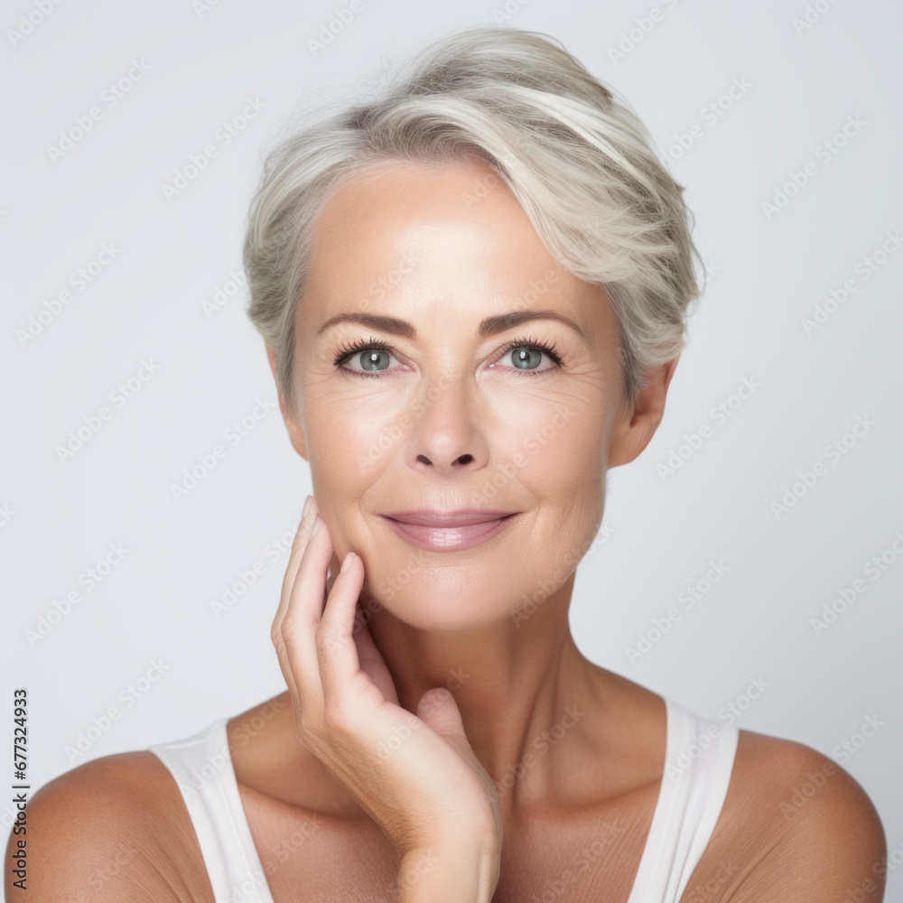 An older adult woman with a gentle touch, feeling her flawless facial skin. An older adult woman with a gentle touch, feeling her flawless facial skin.