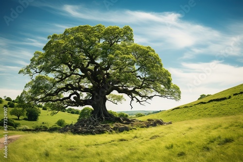 An ancient oak tree with sprawling branches  standing alone in a field of green