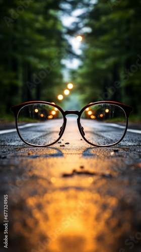 On the road, glasses point toward a radiant light source.