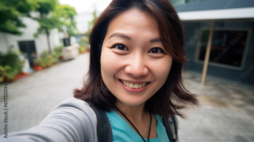 Closeup selfie portrait of happy smiling senior asian woman outdoors Closeup selfie portrait of happy smiling senior asian woman outdoors