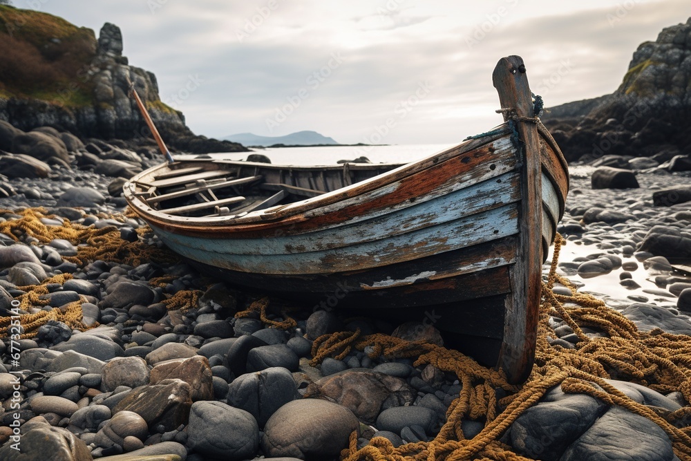 An abandoned, weather-beaten wooden boat lying among jagged rocks and tide pools