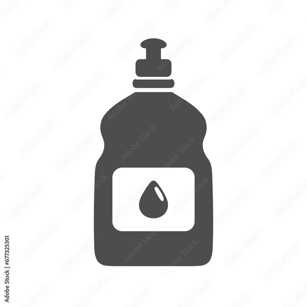Hand dishwashing liquid silhouette icon with a drop label. Flat cartoon design. Bottle detergent. Vector illustration isolated on white background. Housekeeping and cleaning products concept Hand dishwashing liquid silhouette icon with a drop label. Flat cartoon design. Bottle detergent. Vector illustration isolated on white background. Housekeeping and cleaning products concept