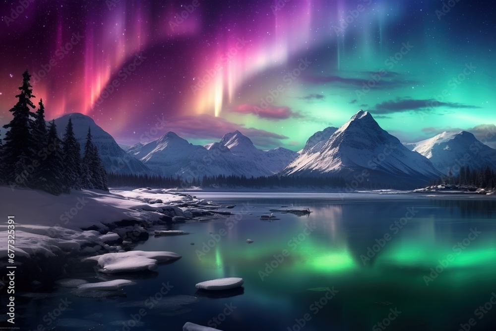 Aurora borealis over a pristine snowy landscape