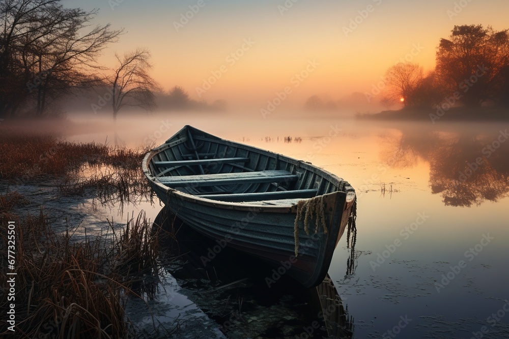 Abandoned boat on fog-covered lake at dawn