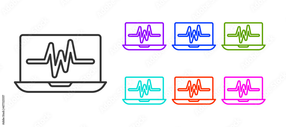 Black line Laptop with cardiogram icon isolated on white background. Monitoring icon. ECG monitor with heart beat hand drawn. Set icons colorful. Vector Black line Laptop with cardiogram icon isolated on white background. Monitoring icon. ECG monitor with heart beat hand drawn. Set icons colorful. Vector