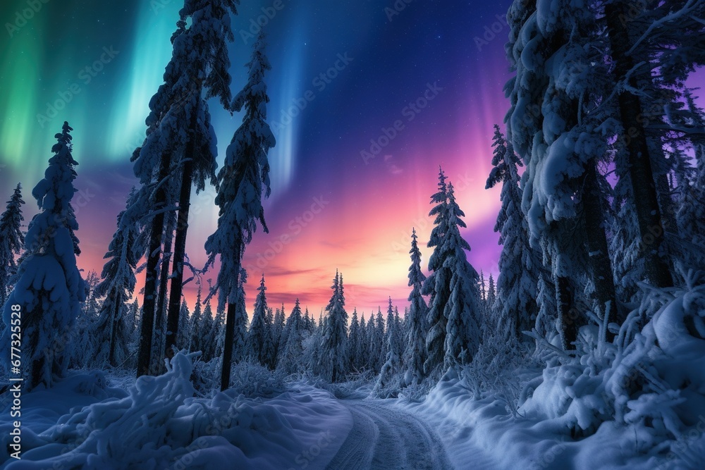 Aurora borealis over snowy pine forest