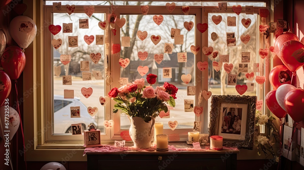  a vase of roses sitting on a table next to a window with valentine's day cards attached to it.