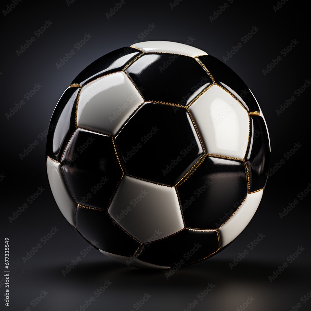 A black and white soccer ball on a black surface.