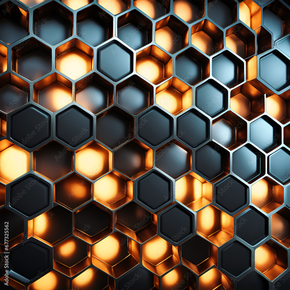 Abstract background metalic 3D holografic hexagon pattern with glowing lights, black and golden colors
