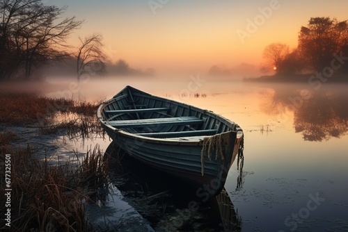Abandoned boat on fog-covered lake at dawn