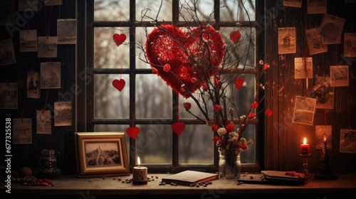  a vase filled with red hearts sitting on top of a window sill next to a couple of framed pictures.