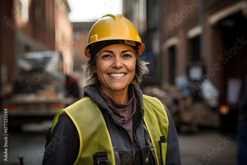 A smirking middle-aged or older woman wearing a construction hard hat and work vest is working on a construction site,