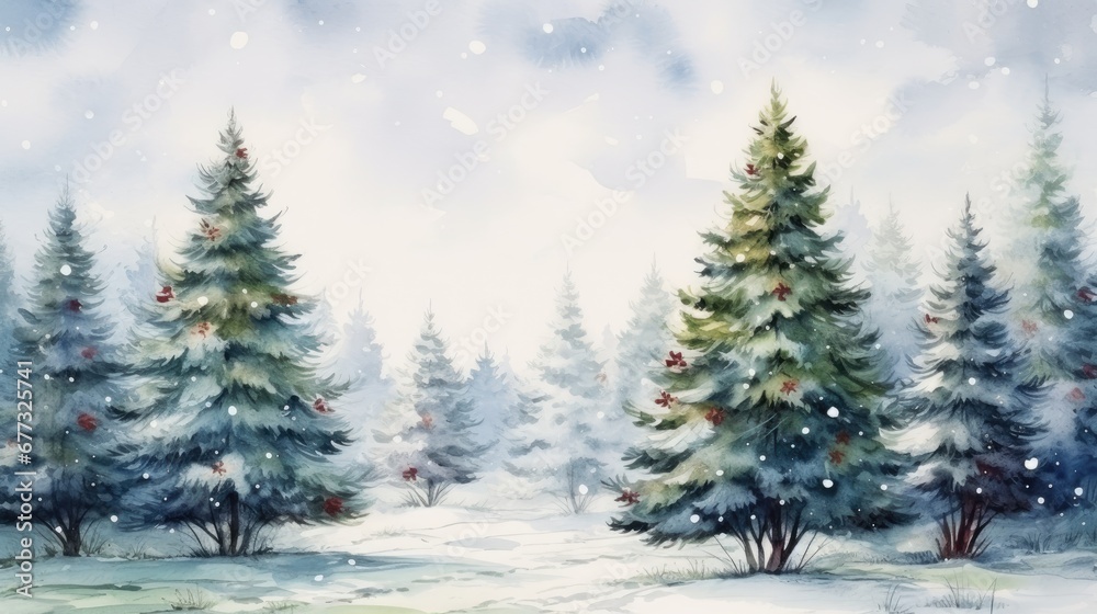  a painting of a snowy scene with evergreen trees and snow falling on the ground and snow falling on the ground.