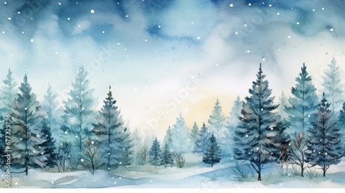  a watercolor painting of a winter scene with snow falling on the ground and evergreen trees in the foreground.