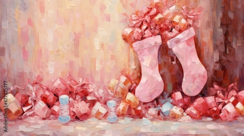 a painting of a pair of pink slippers next to a pile of pink cubes and a vase of pink flowers.