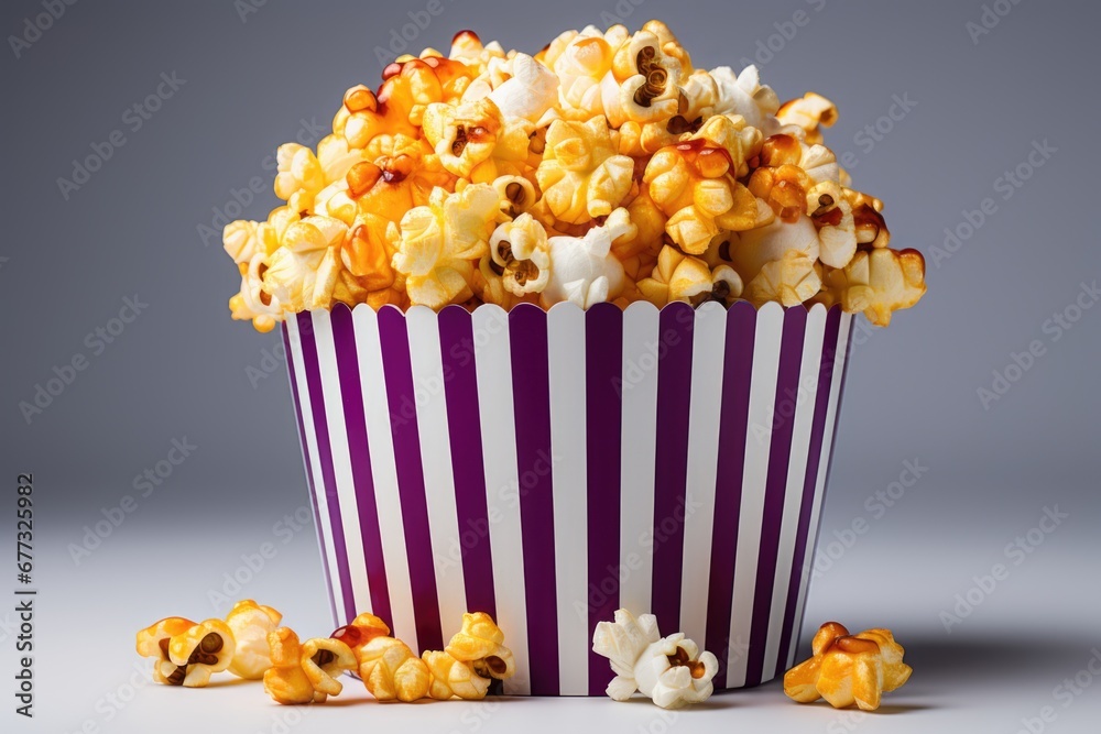 A purple and white striped cup filled with popcorn. A purple and white striped cup filled with popcorn.