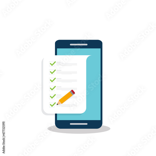 Check list document on smartphone, smartphone with paper check list and to do list with checkboxes, concept of survey, online quiz, completed things or done test, feedback.