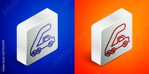 Isometric line Passenger ladder for plane boarding icon isolated on blue and orange background. Airport stair travel. Silver square button. Vector