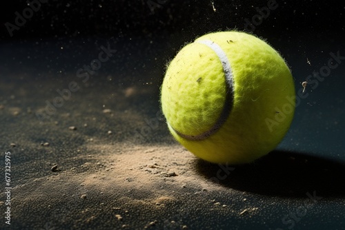 A close-up of a tennis ball with chalk dust, post-line call