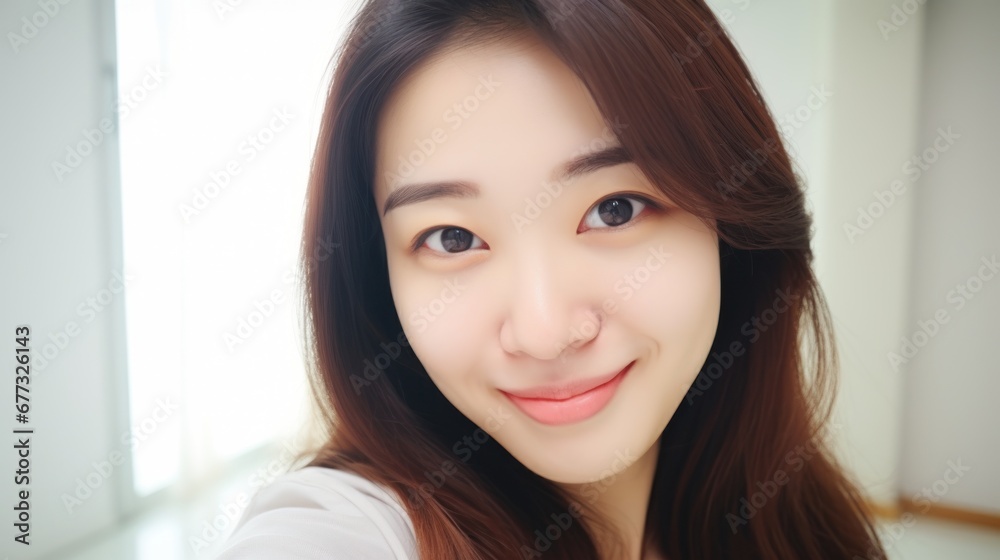 Portrait of wonderful ordinary asian young girl expressing energy in good day. Lovely woman making selfie at home closeup Portrait of wonderful ordinary asian young girl expressing energy in good day. Lovely woman making selfie at home closeup