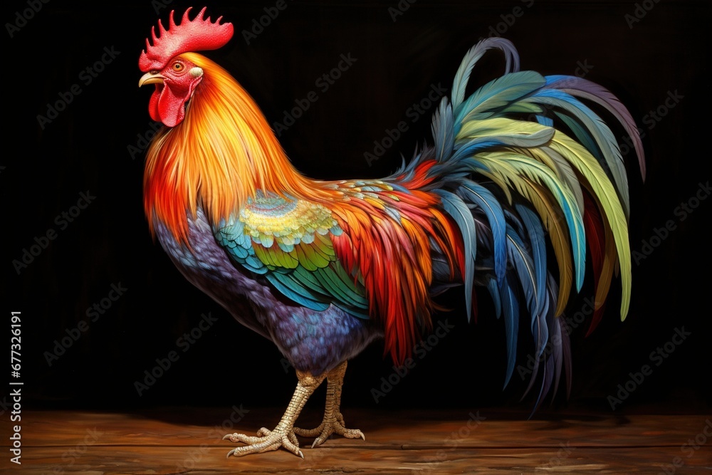 A colorful rooster with vibrant plumage strutting confidently