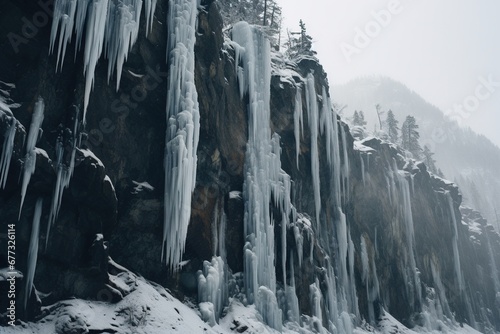 A cascade of icicles hanging from the edge of a mountain cliff photo