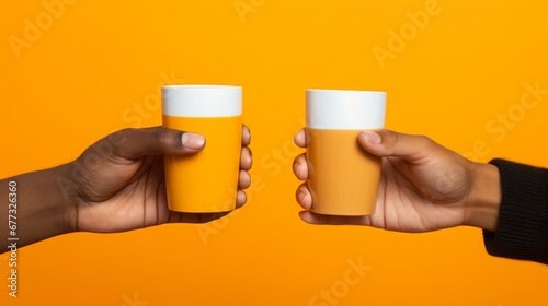 In their hands  two people showcase coffee glasses against an orange background.