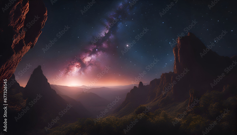 Milky way over the mountains at night. 3d render illustration