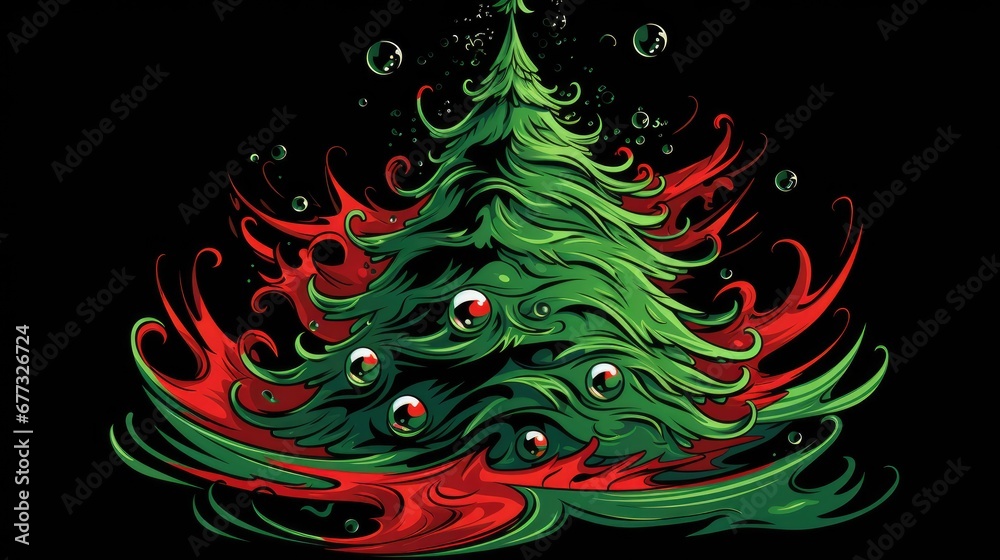  a christmas tree with red, green, and red swirls on a black background with bubbles in the shape of eyes.