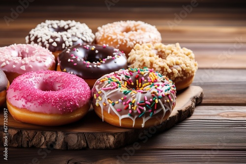 Assorted donuts neatly aligned on a rustic wooden table
