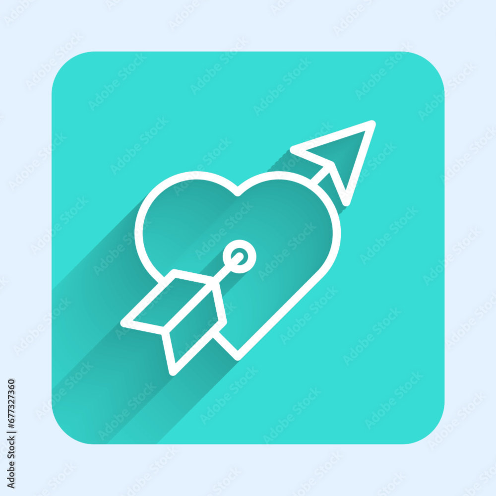 White line Amour symbol with heart and arrow icon isolated with long shadow background. Love sign. Happy Valentines day. Green square button. Vector