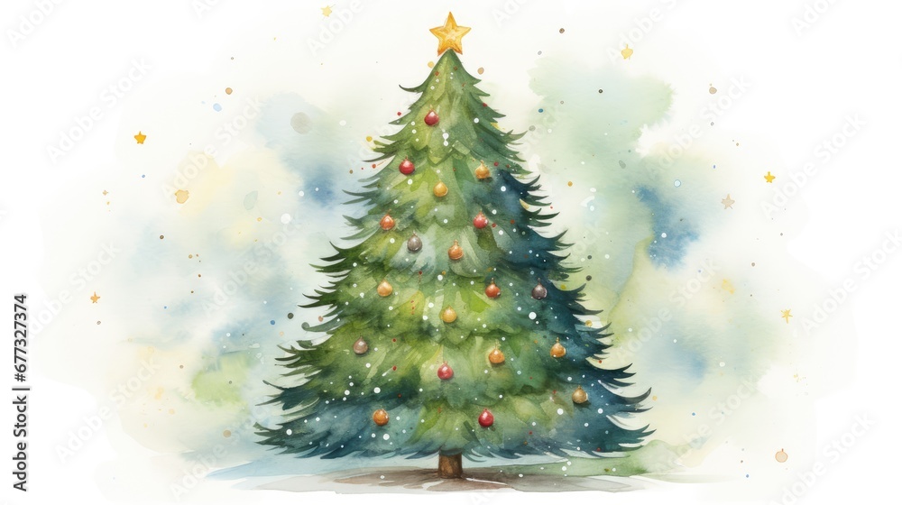  a watercolor painting of a christmas tree with a star on top of it and snowing on the ground.