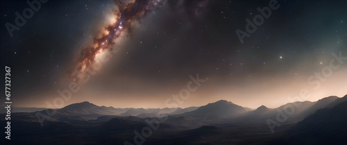 Fantasy alien planet. Mountain and nebula. 3D illustration