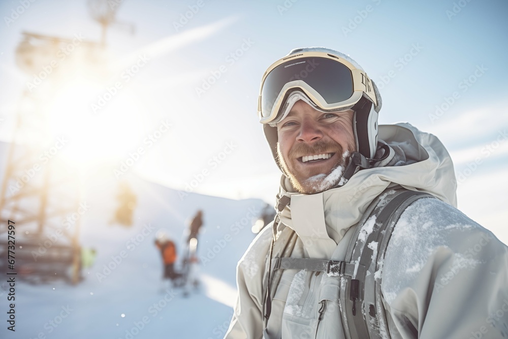 A group of happy smiling friends with ski googles looked at camera in the Ski resort. Beautiful winter sunny day A group of happy smiling friends with ski googles looked at camera in the Ski resort. Beautiful winter sunny day