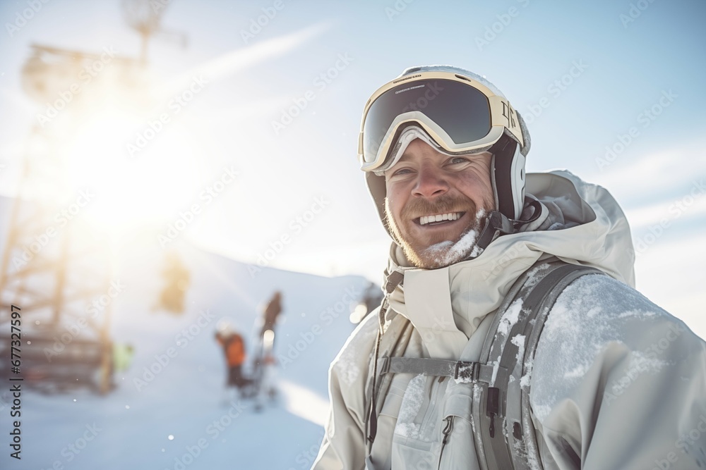 A group of happy smiling friends with ski googles looked at camera in the Ski resort. Beautiful winter sunny day