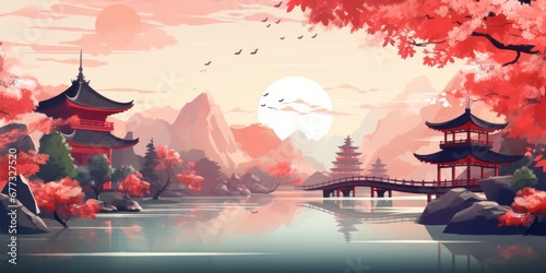 Abstract illustration of a temple in Japan in a beautiful landscape. 
