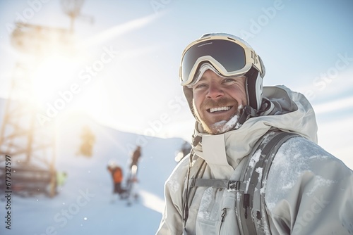 A group of happy smiling friends with ski googles looked at camera in the Ski resort. Beautiful winter sunny day photo