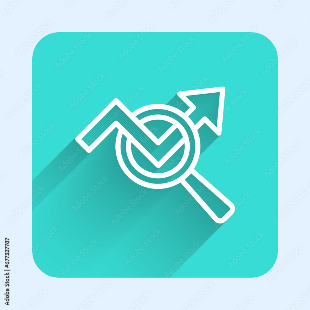 White line Magnifying glass and data analysis icon isolated with long shadow background. Search sign. Green square button. Vector White line Magnifying glass and data analysis icon isolated with long shadow background. Search sign. Green square button. Vector