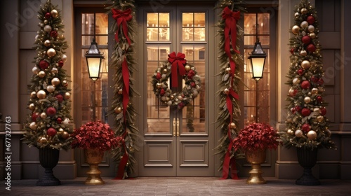  a front door decorated for christmas with christmas wreaths and wreaths hanging from the side of the front door.
