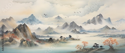 Tranquil Oriental Landscape Painting with Mountains, River, and Sky photo
