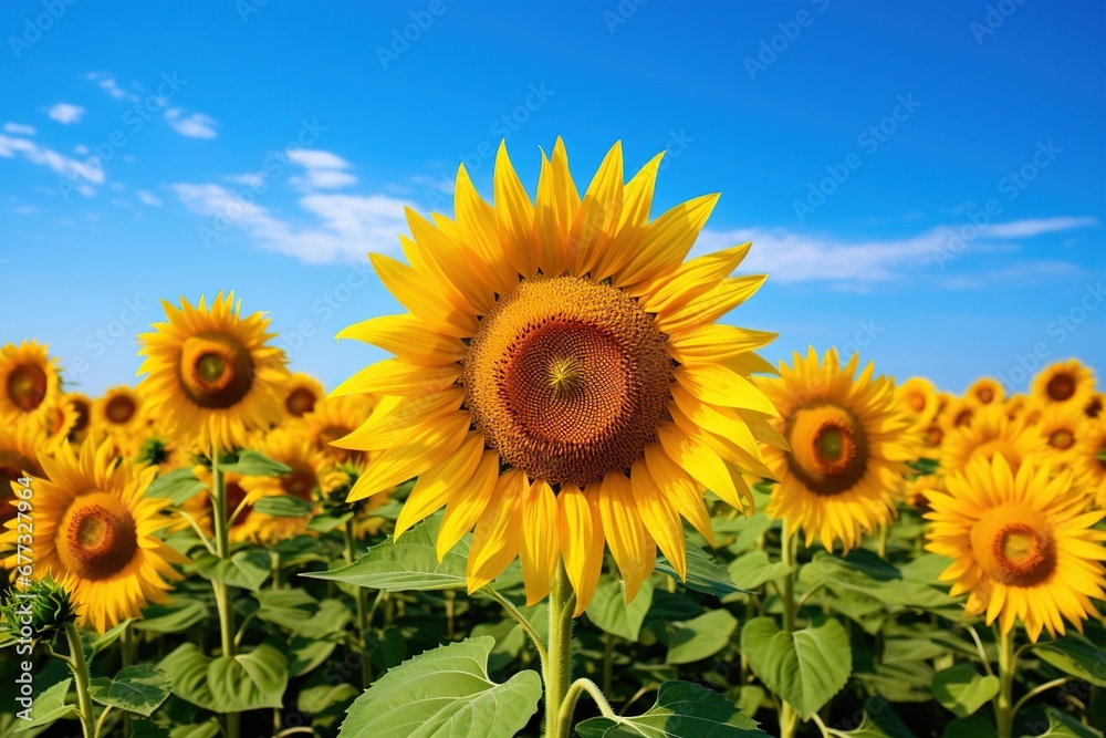 A field of blooming sunflowers under a clear blue sky