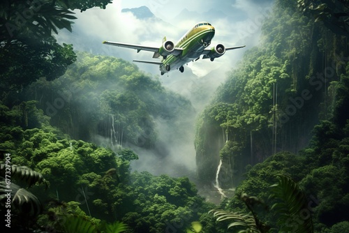 Airplane flying over a lush, tropical rainforest