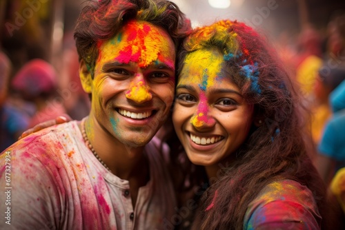Smiling young caucasian couple celebrating Holi day