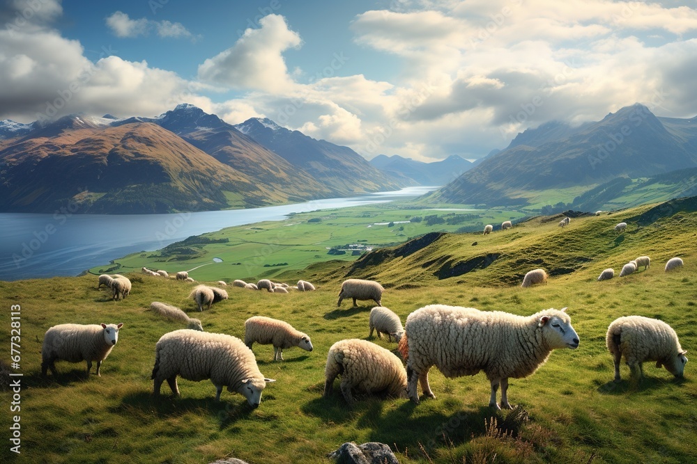 Obraz premium A flock of sheep grazing peacefully on a hillside with distant mountains