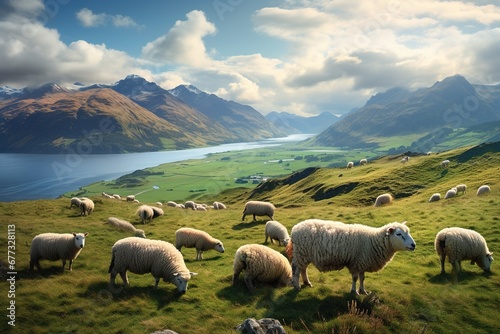 A flock of sheep grazing peacefully on a hillside with distant mountains