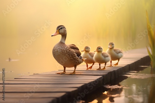 A family of ducks crossing a floating wooden walkway on a tranquil lake